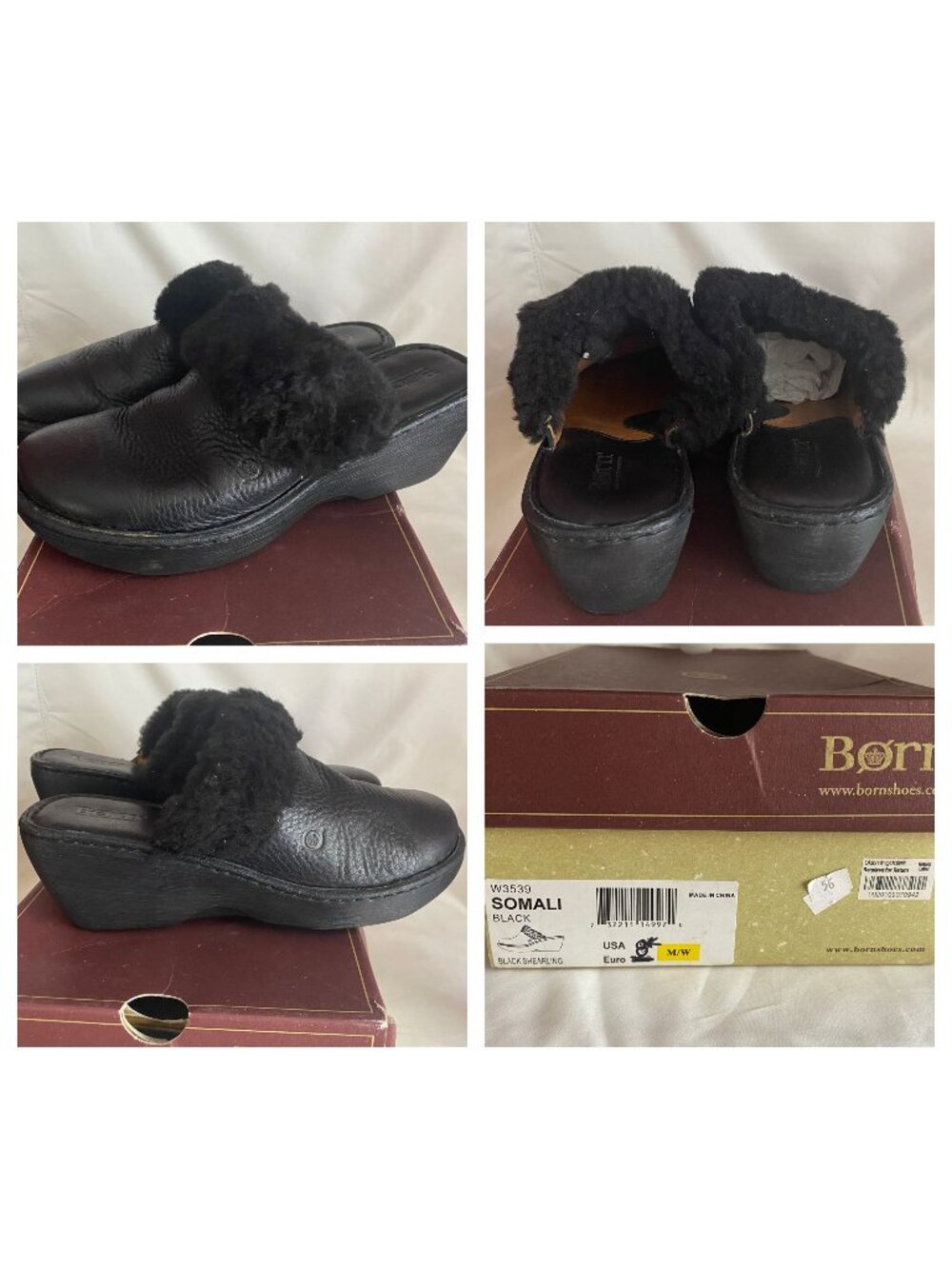 BORN Women's Black Leather Shearling Lined Clogs - Somali - Size 8